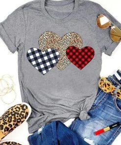 Plaid Leopard Print Heart Valentine T-shirt|NL